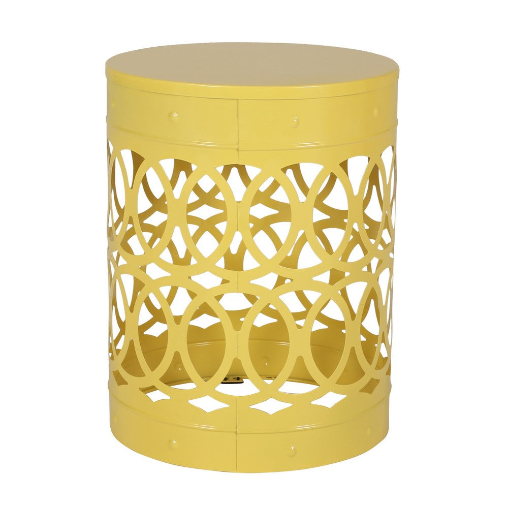 Benjara Kemo Outdoor End Table, Round 14 Inch, Cutout Design, Yellow Frame