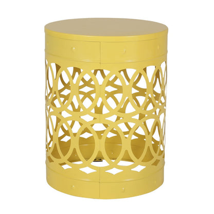 Benjara Kemo Outdoor End Table, Round 14 Inch, Cutout Design, Yellow Frame