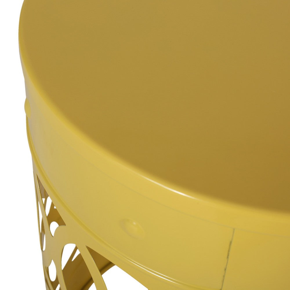 Benjara Kemo Outdoor End Table, Round 14 Inch, Cutout Design, Yellow Frame