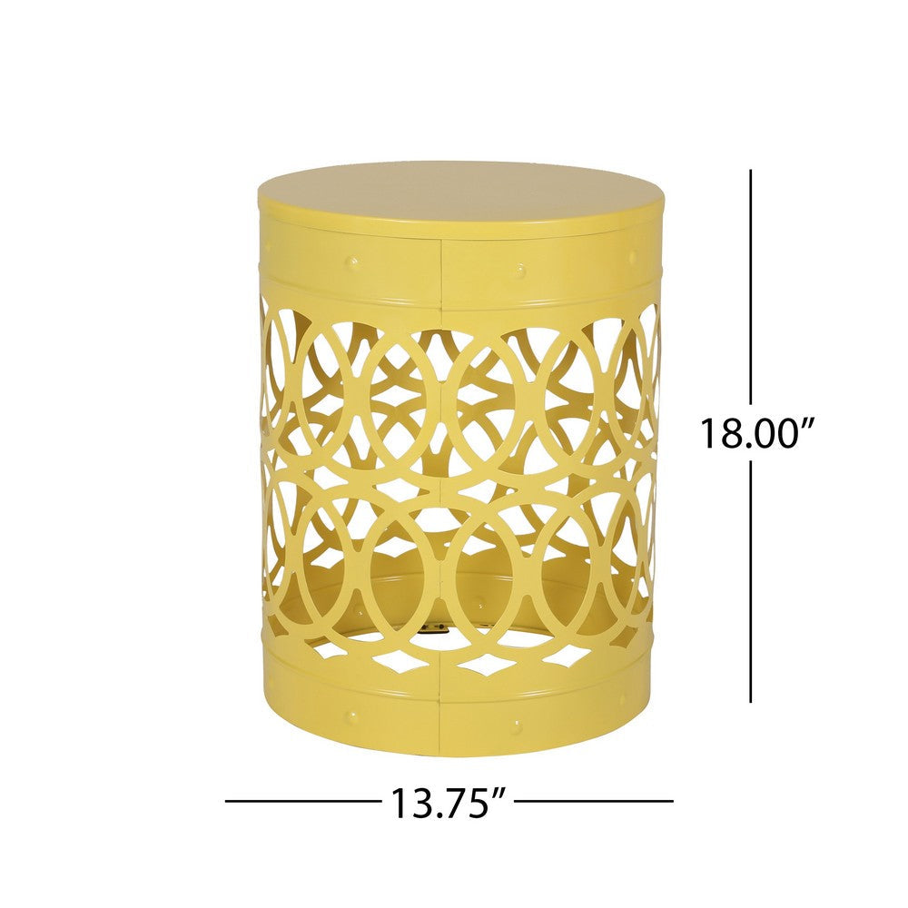 Benjara Kemo Outdoor End Table, Round 14 Inch, Cutout Design, Yellow Frame