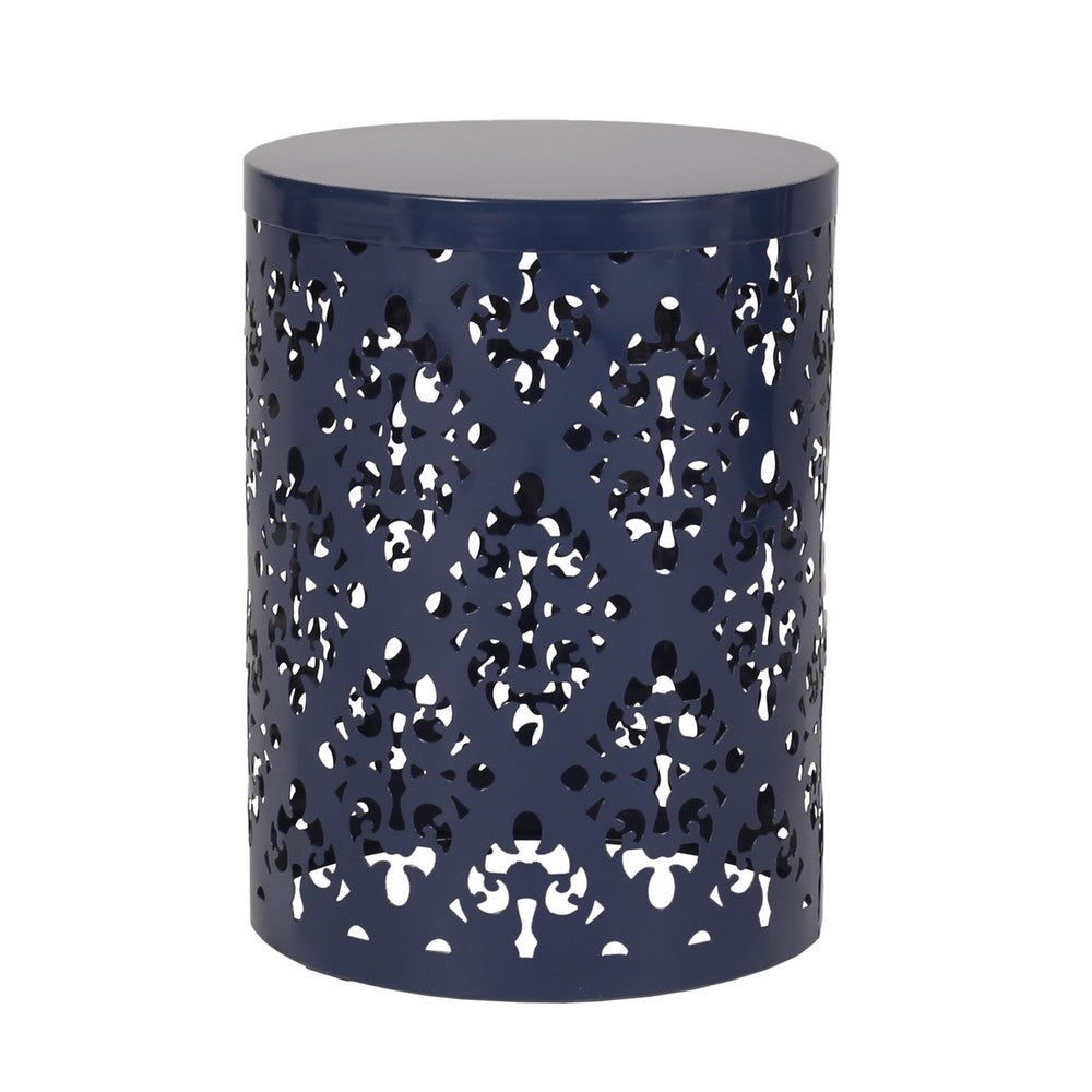 Benjara Kemo Outdoor End Table Set of 2, Round Top, Cutout Design, Navy Blue
