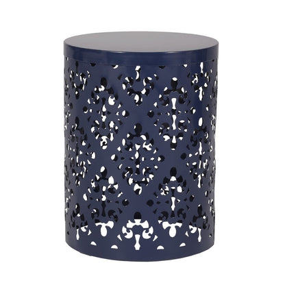 Benjara Kemo Outdoor End Table Set of 2, Round Top, Cutout Design, Navy Blue