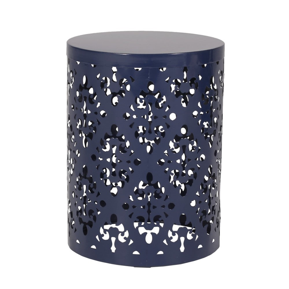 Benjara Kemo Outdoor End Table Set of 2, Round Top, Cutout Design, Navy Blue