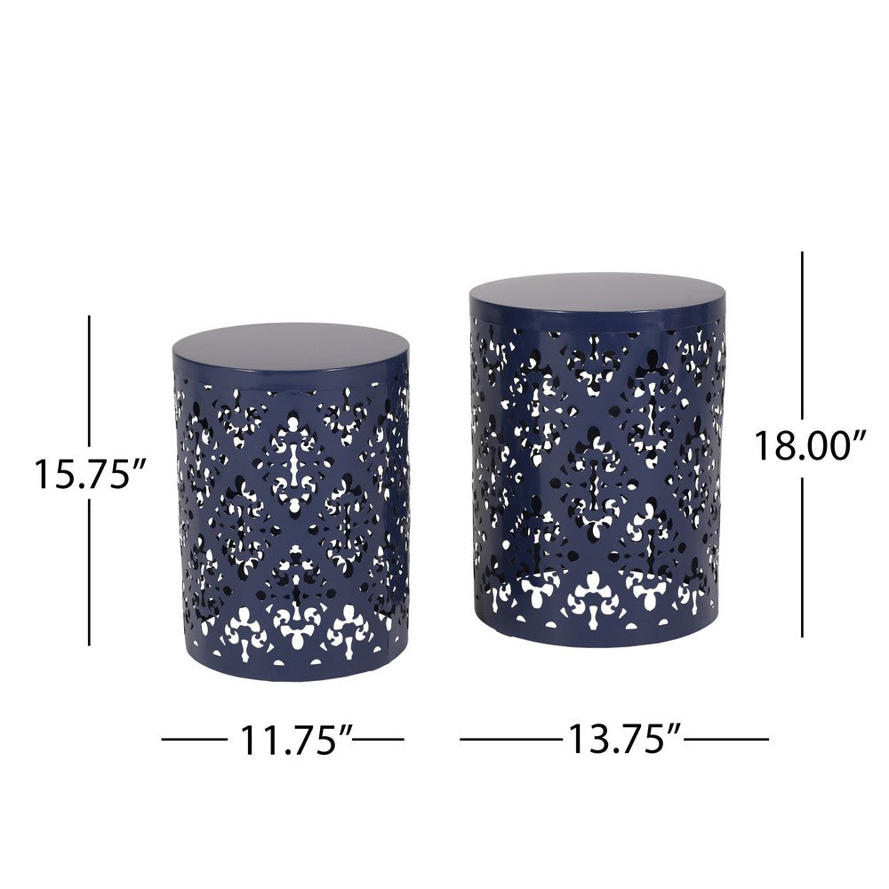 Benjara Kemo Outdoor End Table Set of 2, Round Top, Cutout Design, Navy Blue