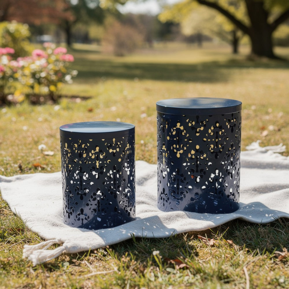 Benjara Kemo Outdoor End Table Set of 2, Round Top, Cutout Design, Navy Blue