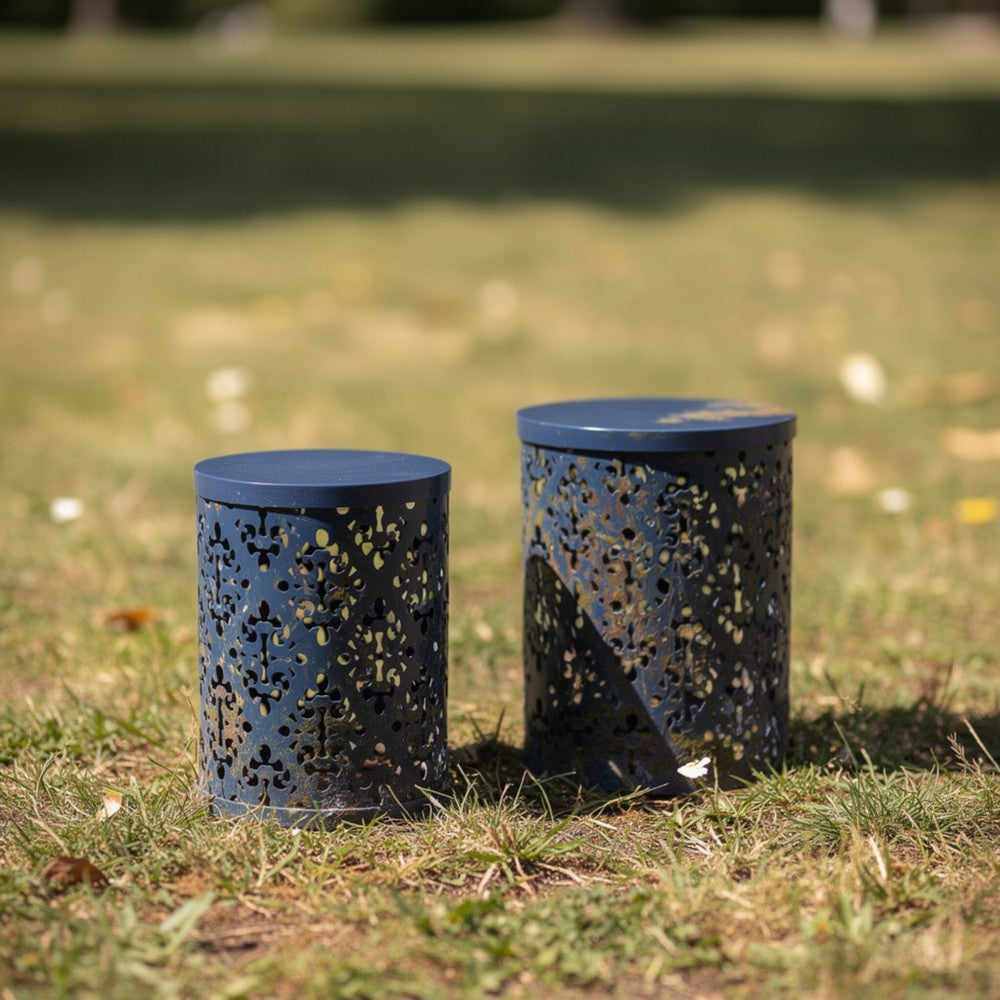 Benjara Kemo Outdoor End Table Set of 2, Round Top, Cutout Design, Navy Blue