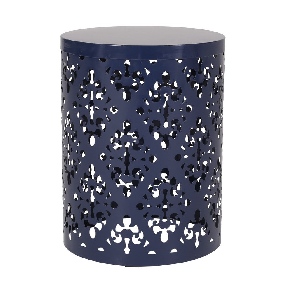 Benjara Kemo Outdoor End Table, Round 14 Inch, Cutout Design, Navy Blue