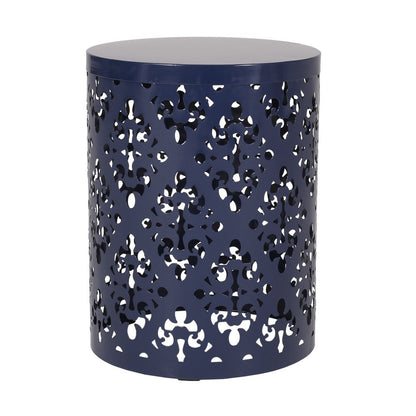Benjara Kemo Outdoor End Table, Round 14 Inch, Cutout Design, Navy Blue