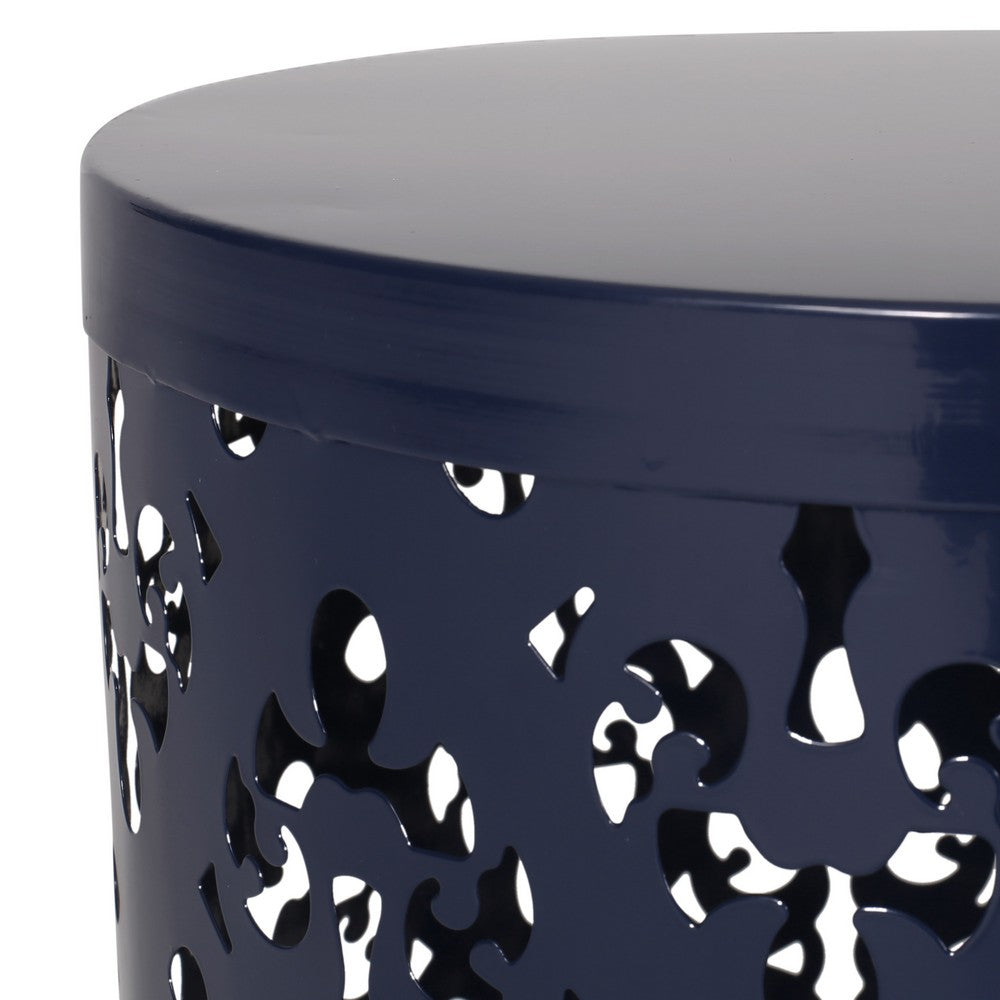 Benjara Kemo Outdoor End Table, Round 14 Inch, Cutout Design, Navy Blue