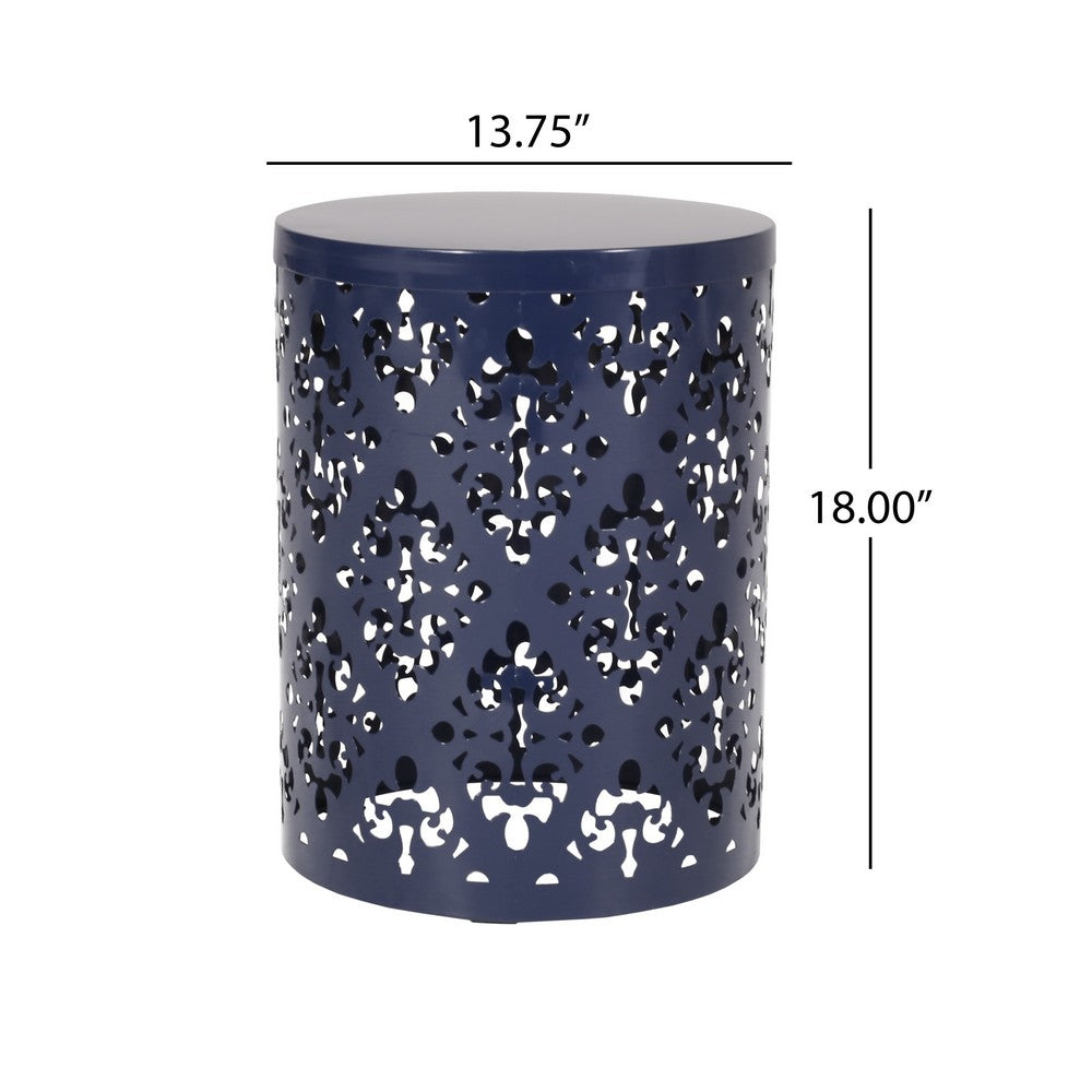 Benjara Kemo Outdoor End Table, Round 14 Inch, Cutout Design, Navy Blue