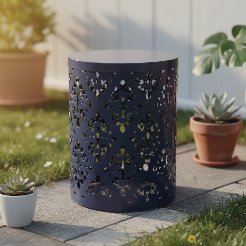 Benjara Kemo Outdoor End Table, Round 14 Inch, Cutout Design, Navy Blue