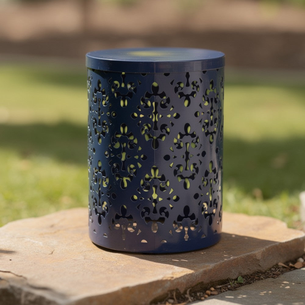 Benjara Kemo Outdoor End Table, Round 14 Inch, Cutout Design, Navy Blue