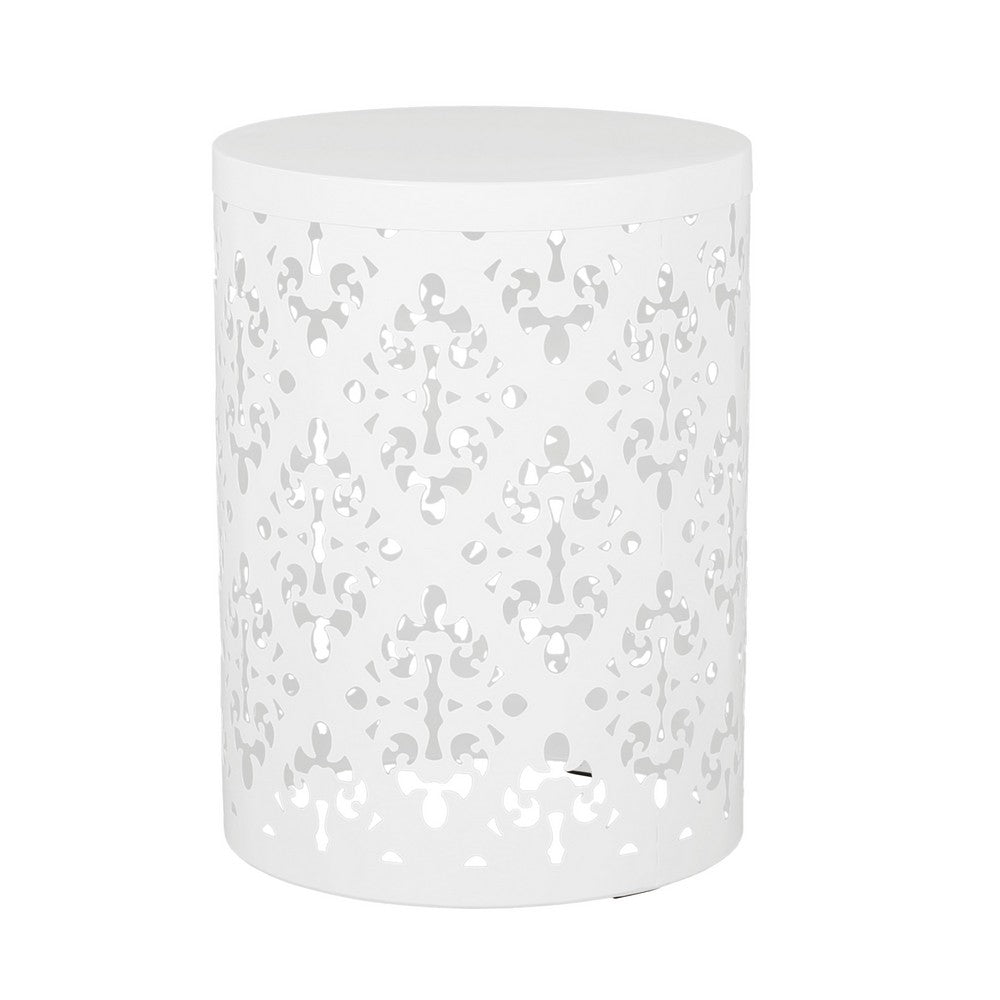 Benjara Kemo Outdoor End Table Set of 2, Round Top, Cutout Design, White Iron