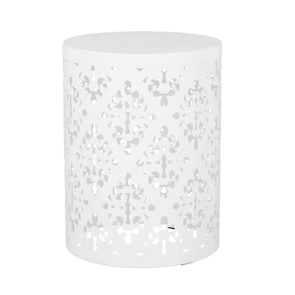 Benjara Kemo Outdoor End Table Set of 2, Round Top, Cutout Design, White Iron
