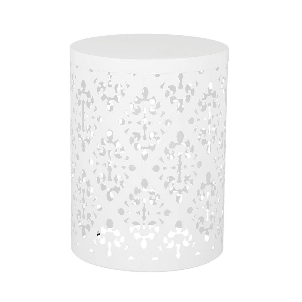 Benjara Kemo Outdoor End Table Set of 2, Round Top, Cutout Design, White Iron