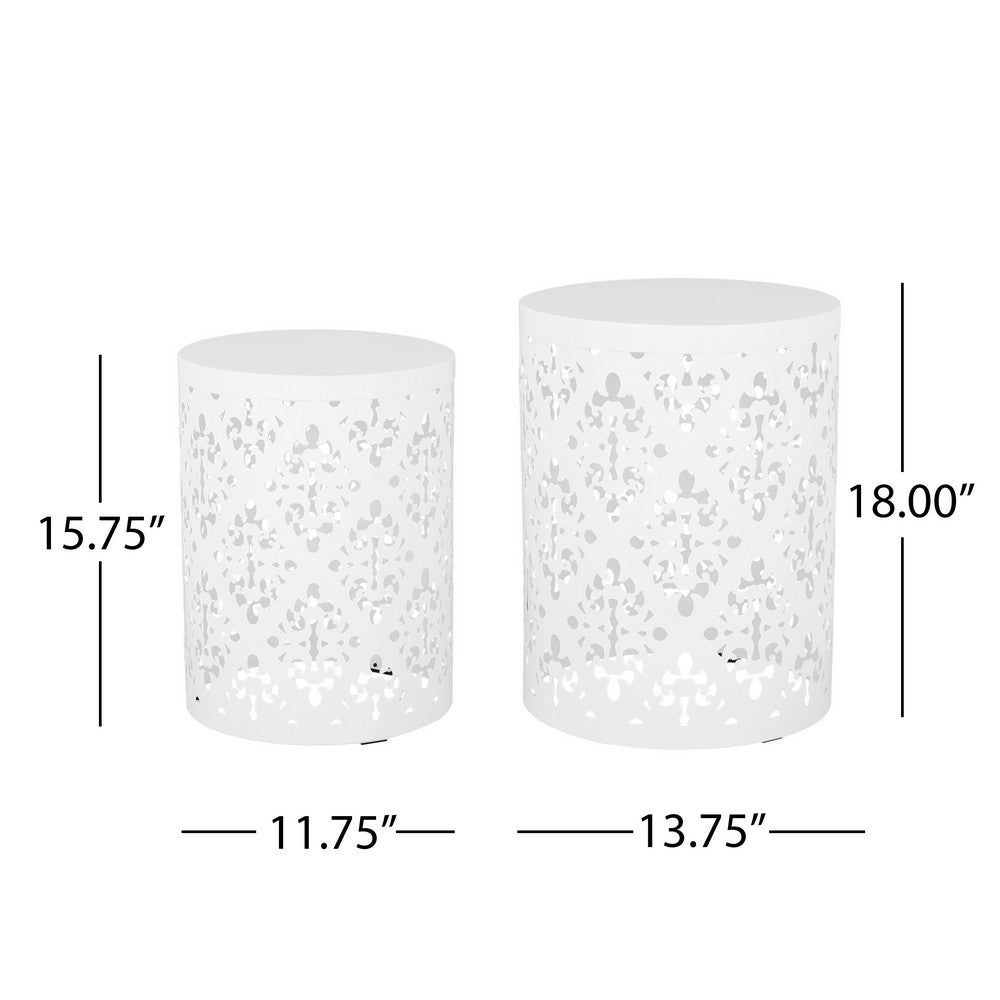 Benjara Kemo Outdoor End Table Set of 2, Round Top, Cutout Design, White Iron
