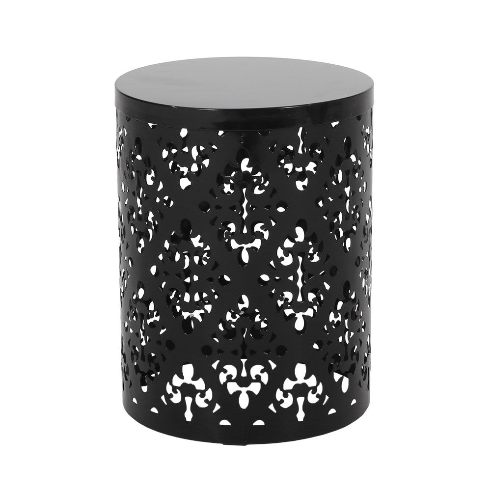 Benjara Kemo Outdoor End Table Set of 2, Round Top, Cutout Design, Black Iron