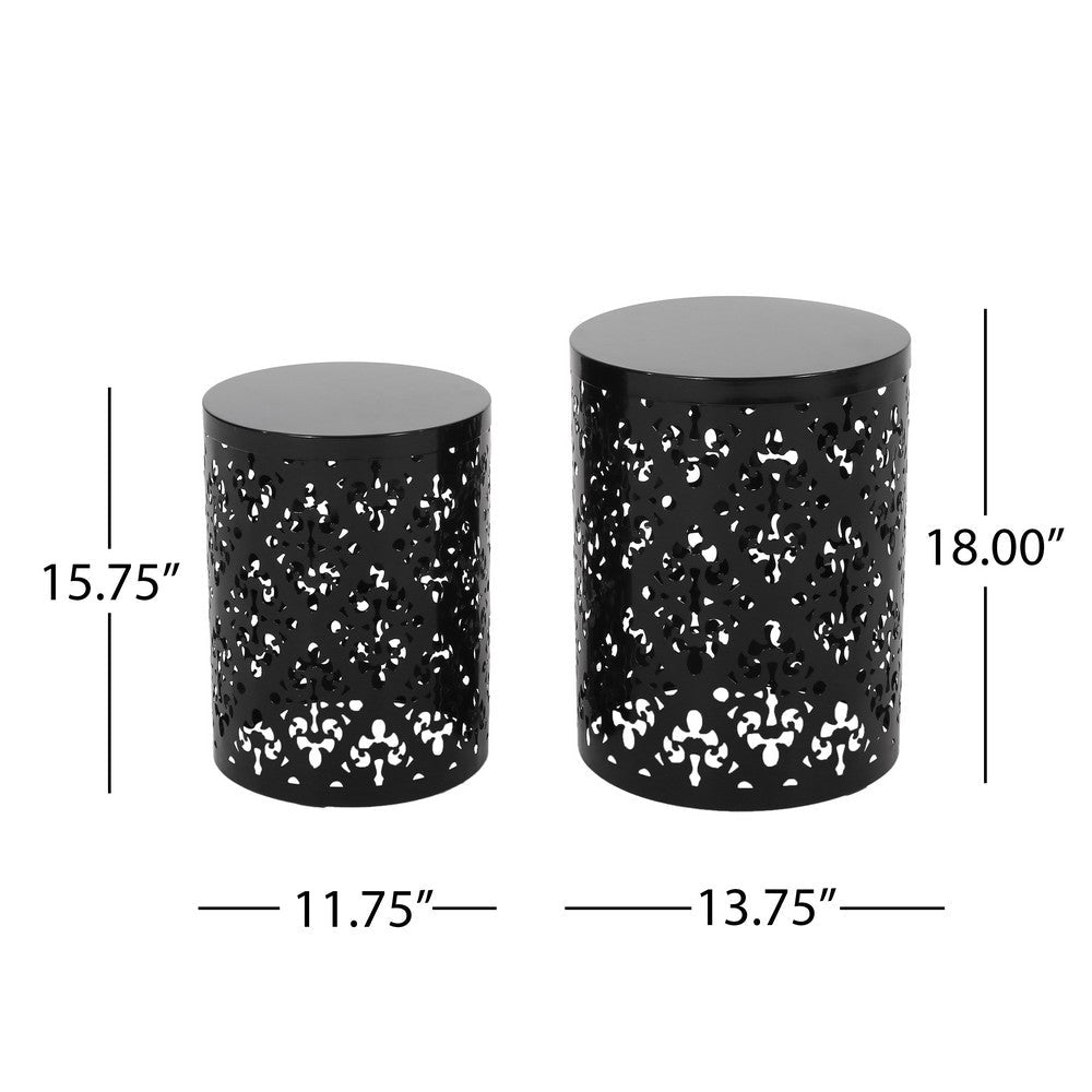 Benjara Kemo Outdoor End Table Set of 2, Round Top, Cutout Design, Black Iron