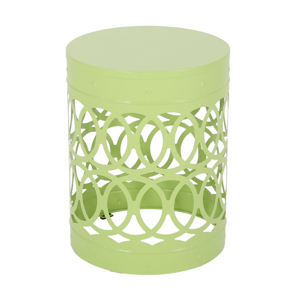 Benjara Kemo Outdoor End Table, Round 14 Inch, Cutout Design, Green Iron Frame