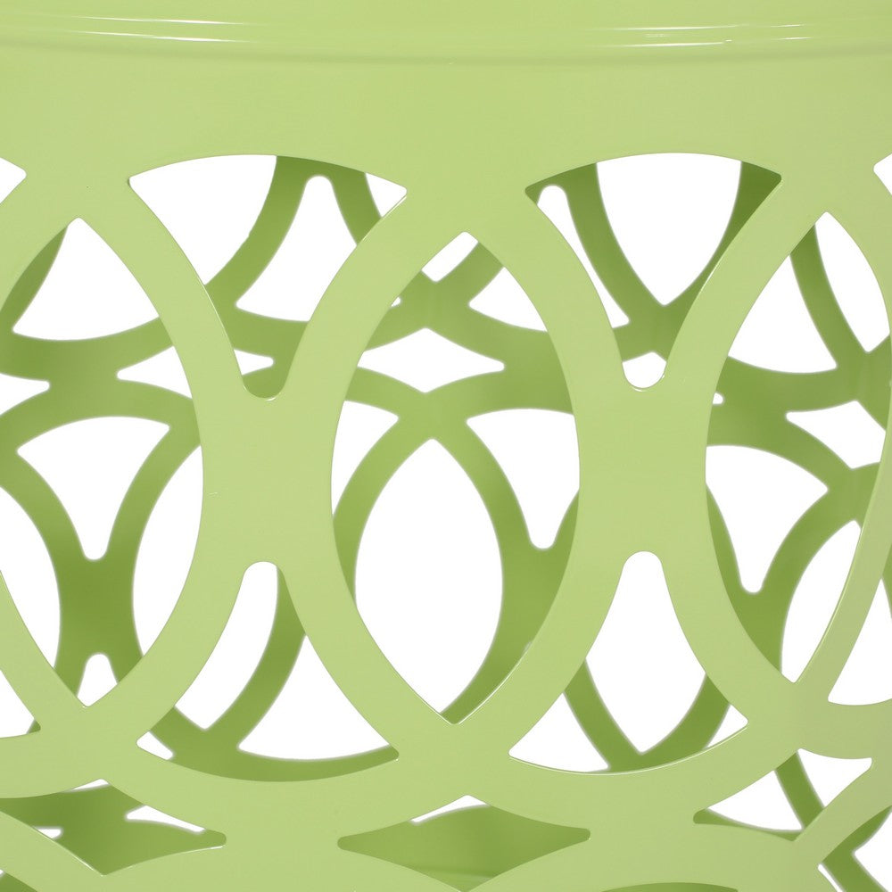 Benjara Kemo Outdoor End Table, Round 14 Inch, Cutout Design, Green Iron Frame