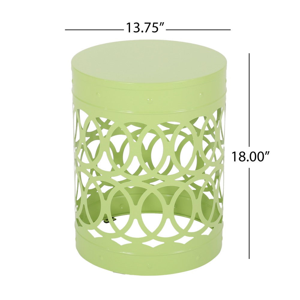 Benjara Kemo Outdoor End Table, Round 14 Inch, Cutout Design, Green Iron Frame
