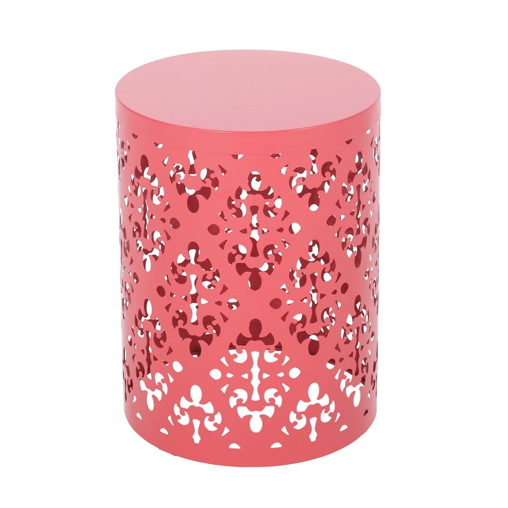 Benjara Kemo Outdoor End Table, Round 14 Inch, Cutout Design, Dark Peach Iron