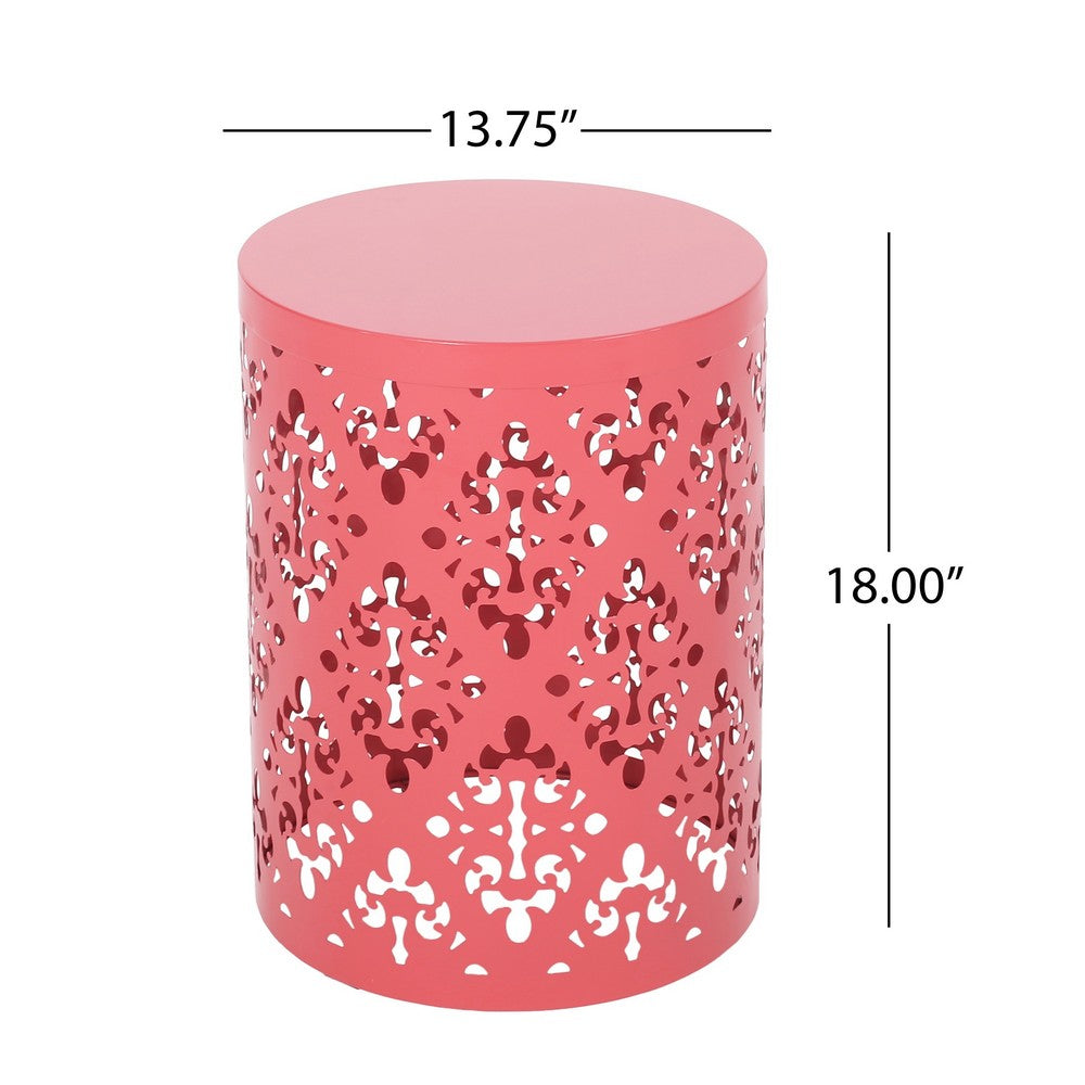 Benjara Kemo Outdoor End Table, Round 14 Inch, Cutout Design, Dark Peach Iron