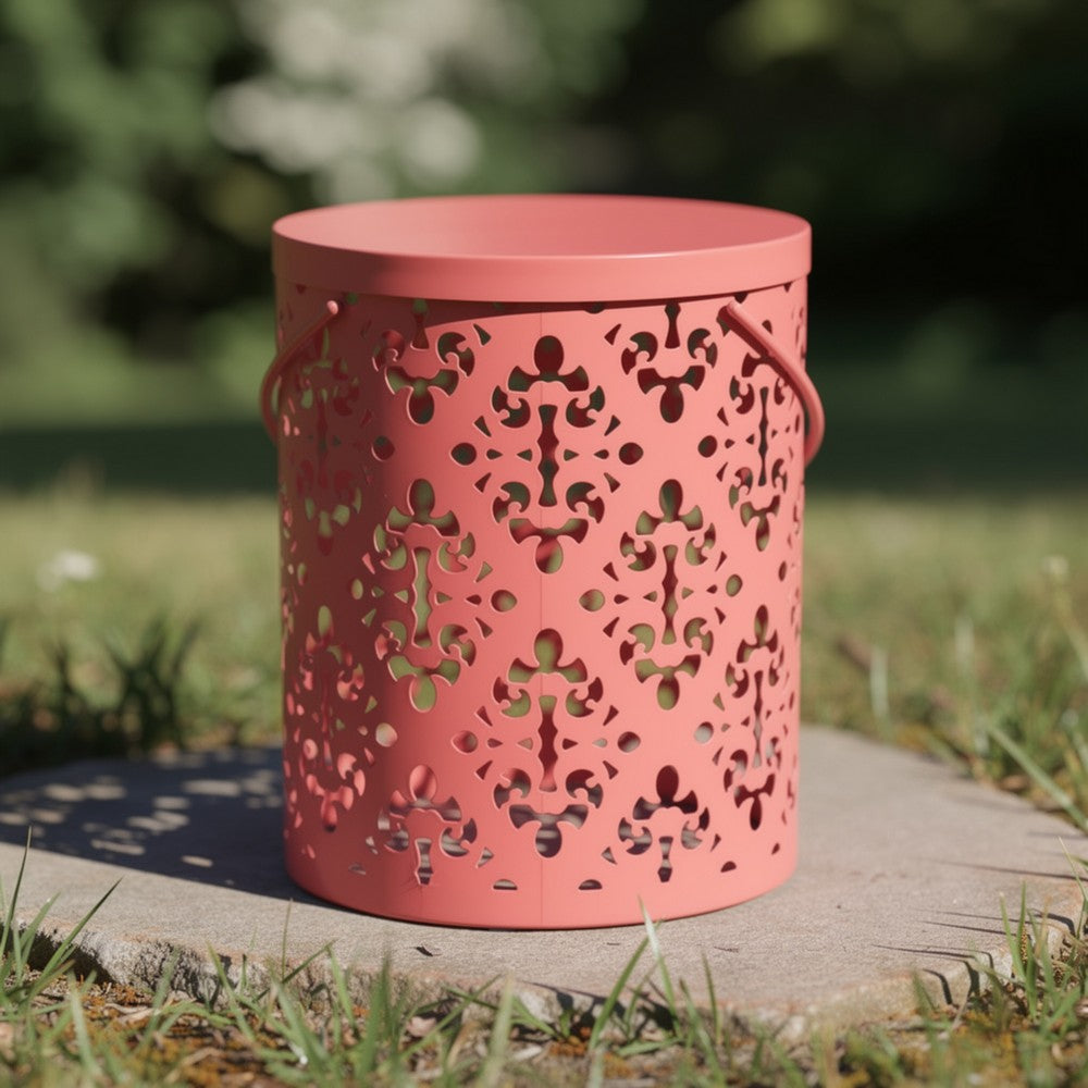 Benjara Kemo Outdoor End Table, Round 14 Inch, Cutout Design, Dark Peach Iron