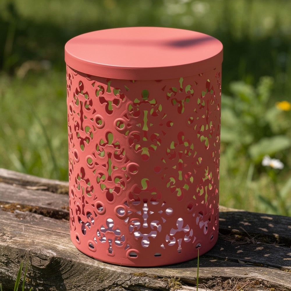 Benjara Kemo Outdoor End Table, Round 14 Inch, Cutout Design, Dark Peach Iron