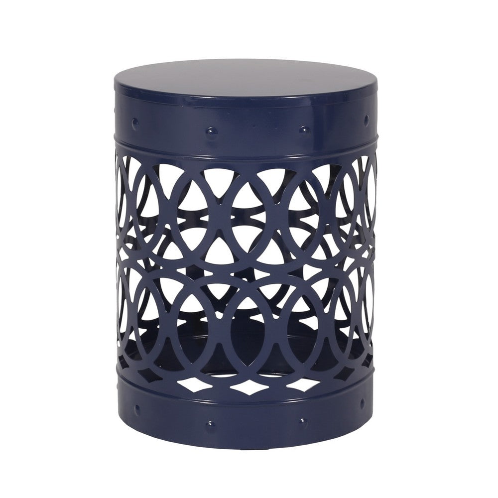 Benjara Kemo Outdoor End Table, Round 14 Inch, Cutout Design, Navy Blue Iron