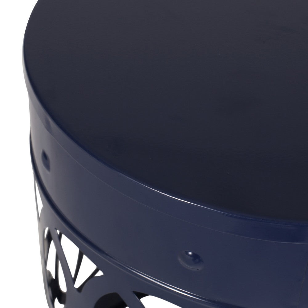 Benjara Kemo Outdoor End Table, Round 14 Inch, Cutout Design, Navy Blue Iron