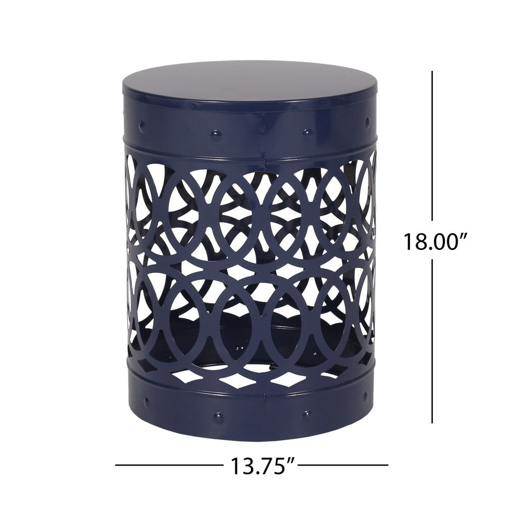 Benjara Kemo Outdoor End Table, Round 14 Inch, Cutout Design, Navy Blue Iron