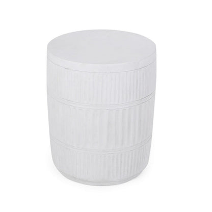 Benjara End Table, White Faux Concrete, Round 15 Inch Top, Natural White