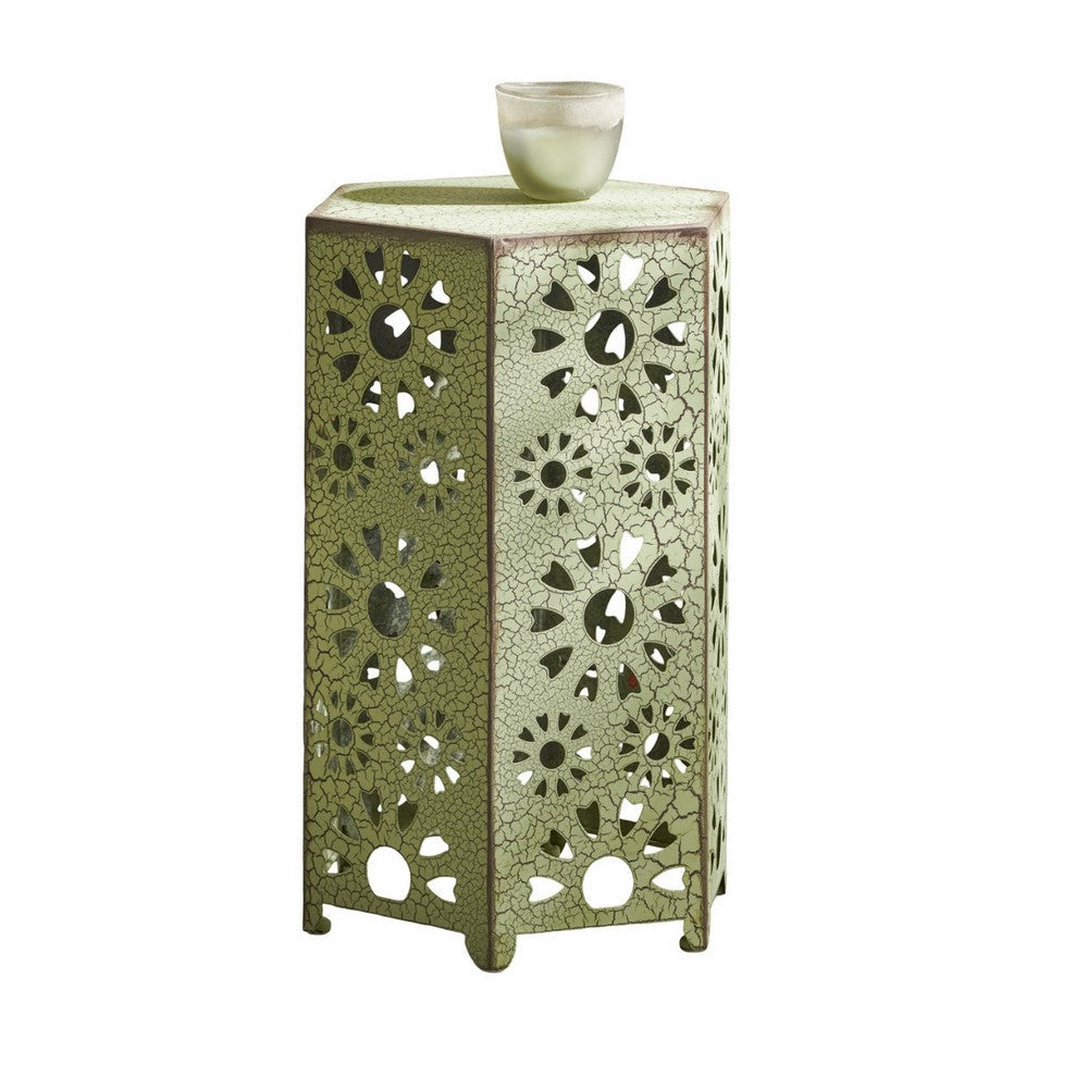 Benjara Liana Outdoor Side Table, Hexagonal 14 Inch, Sunburst Cut Out, Green