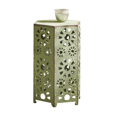 Benjara Liana Outdoor Side Table, Hexagonal 14 Inch, Sunburst Cut Out, Green