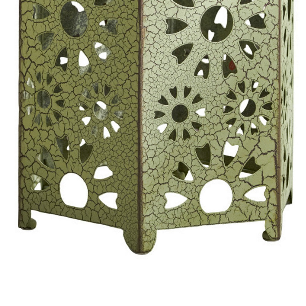 Benjara Liana Outdoor Side Table, Hexagonal 14 Inch, Sunburst Cut Out, Green