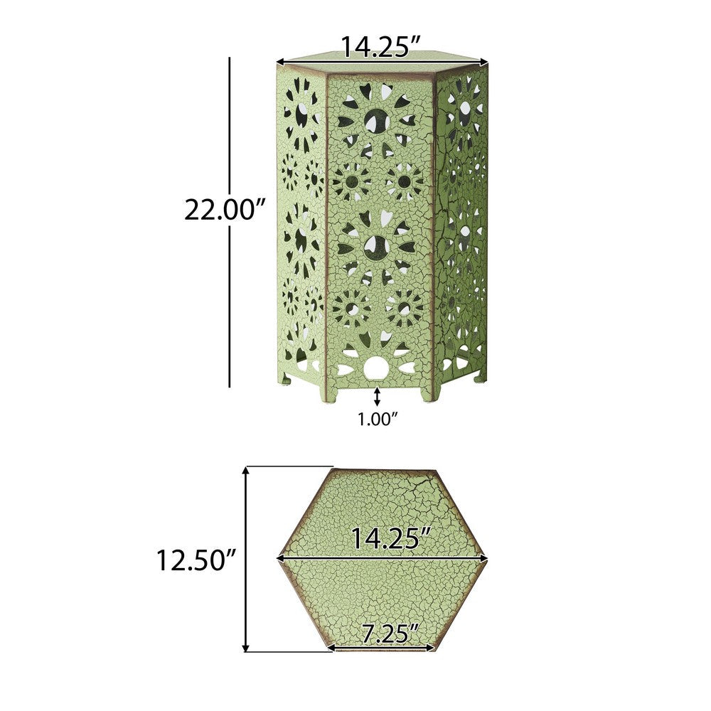 Benjara Liana Outdoor Side Table, Hexagonal 14 Inch, Sunburst Cut Out, Green