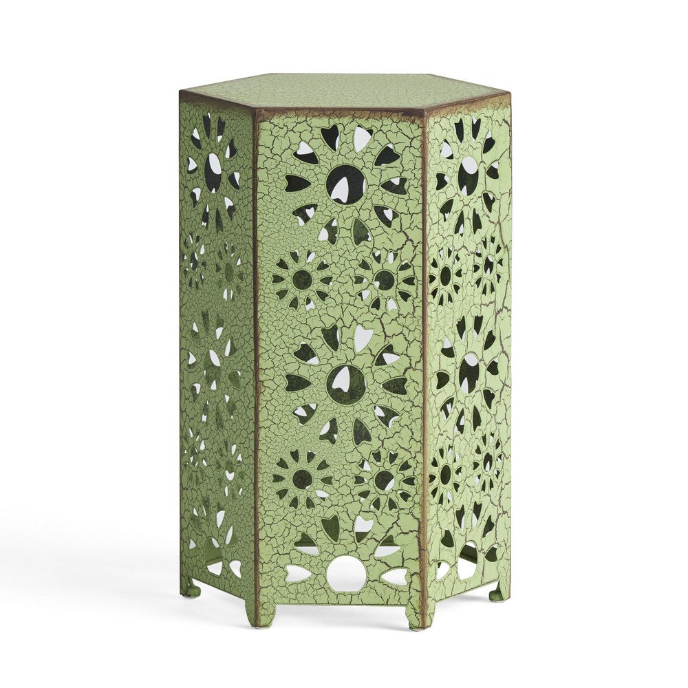 Benjara Liana Outdoor Side Table, Hexagonal 12 Inch, Sunburst Cut Out, Green