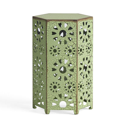 Benjara Liana Outdoor Side Table, Hexagonal 12 Inch, Sunburst Cut Out, Green