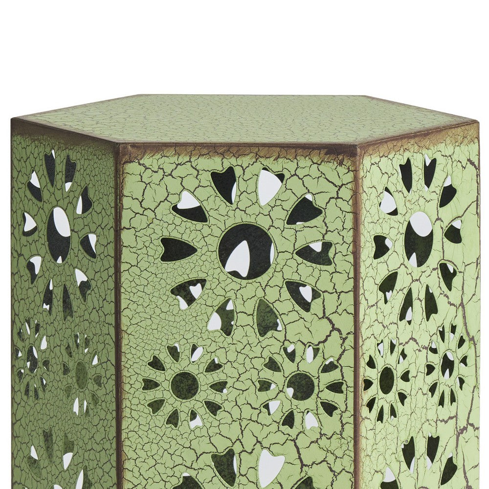 Benjara Liana Outdoor Side Table, Hexagonal 12 Inch, Sunburst Cut Out, Green
