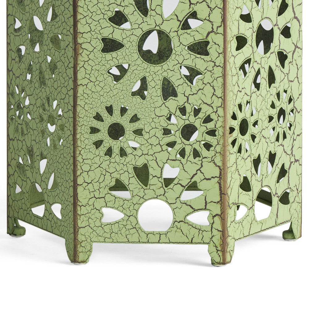 Benjara Liana Outdoor Side Table, Hexagonal 12 Inch, Sunburst Cut Out, Green