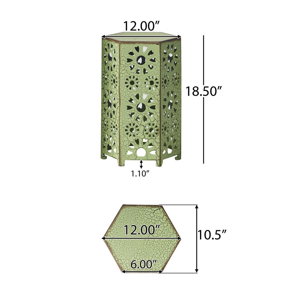 Benjara Liana Outdoor Side Table, Hexagonal 12 Inch, Sunburst Cut Out, Green