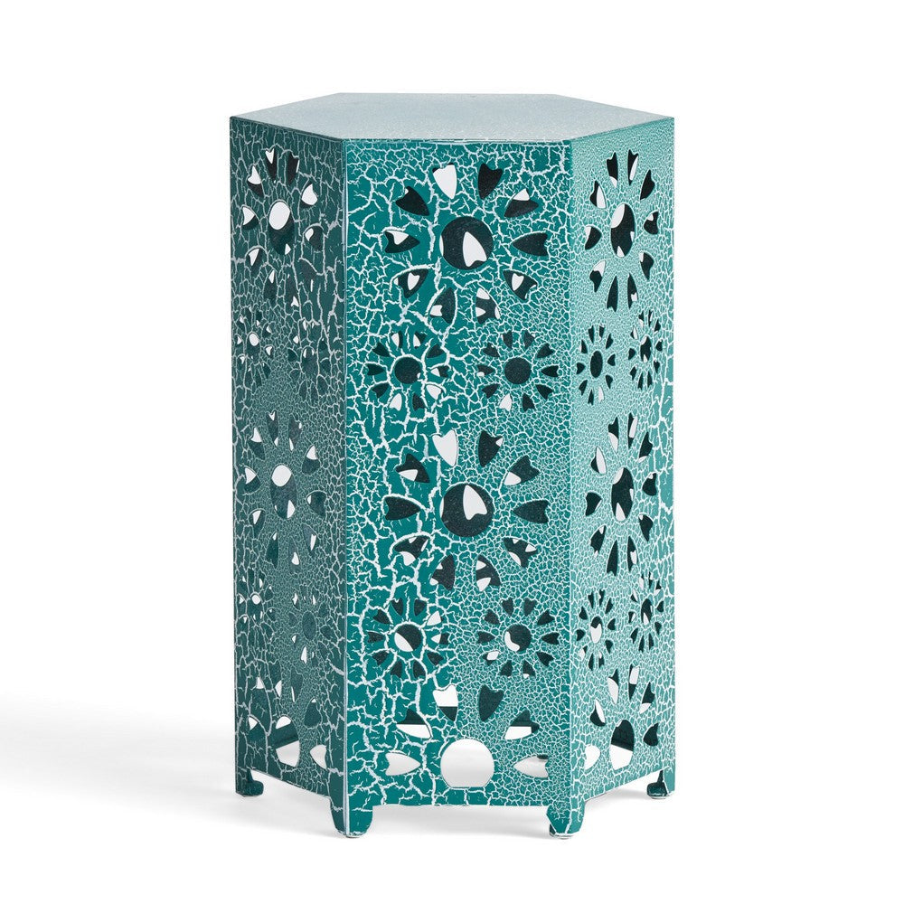 Benjara Liana Outdoor Side Table, Hexagonal 14 Inch, Sunburst Cut Out, Teal