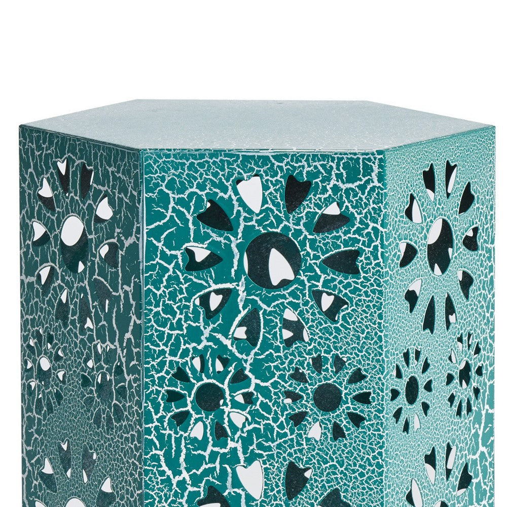 Benjara Liana Outdoor Side Table, Hexagonal 14 Inch, Sunburst Cut Out, Teal