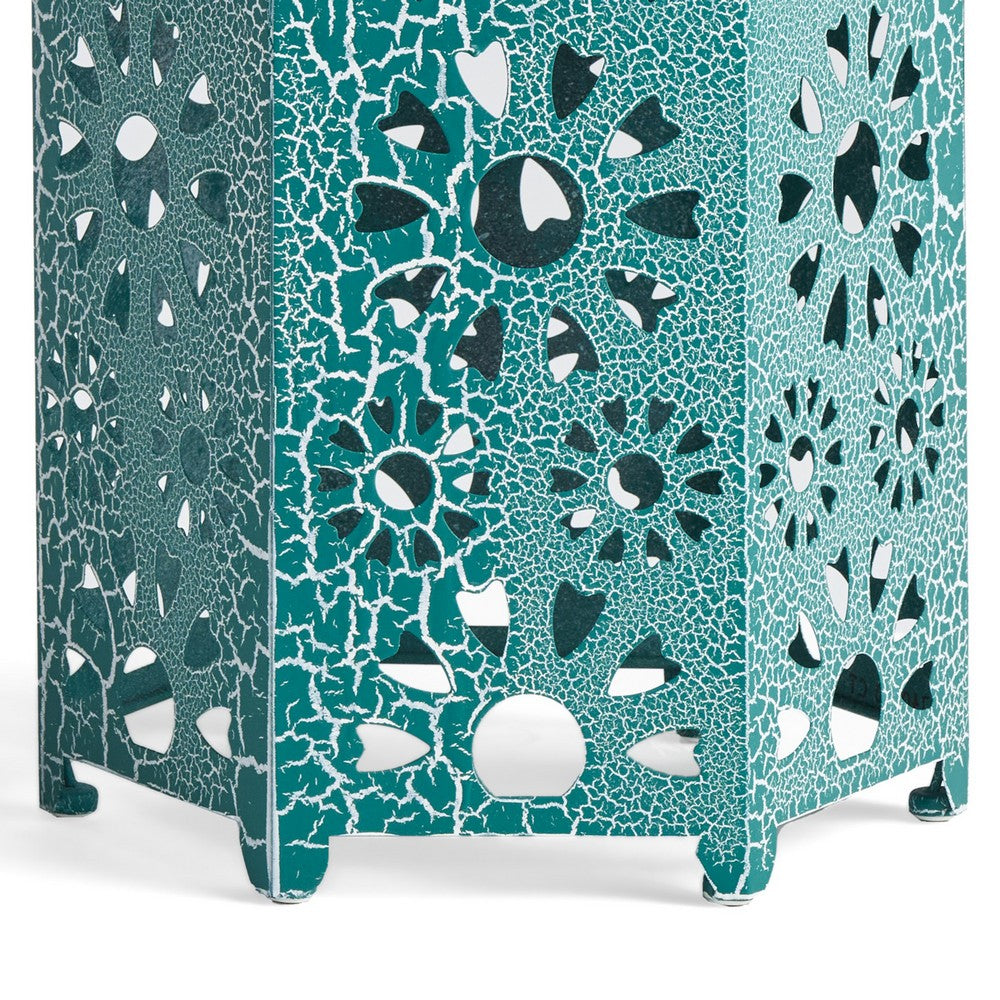 Benjara Liana Outdoor Side Table, Hexagonal 14 Inch, Sunburst Cut Out, Teal