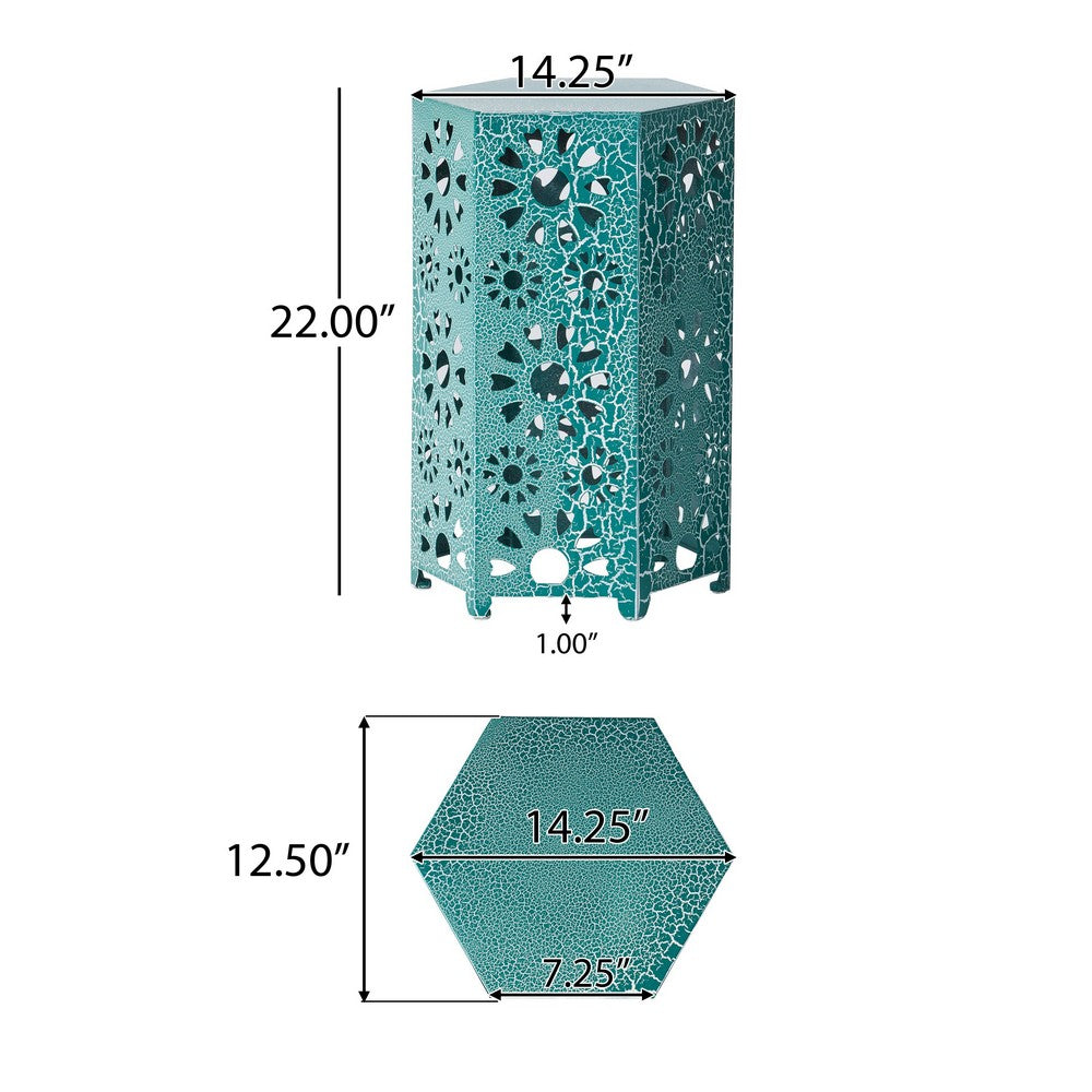Benjara Liana Outdoor Side Table, Hexagonal 14 Inch, Sunburst Cut Out, Teal