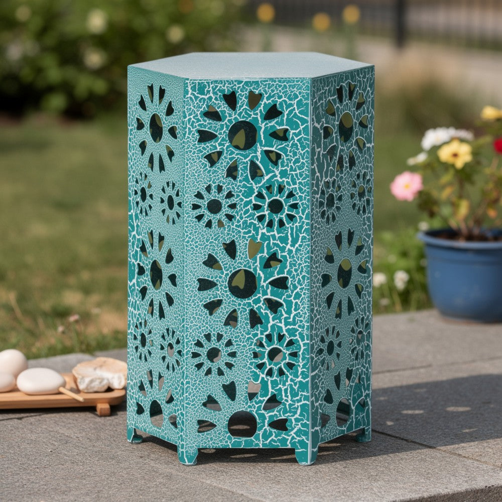 Benjara Liana Outdoor Side Table, Hexagonal 14 Inch, Sunburst Cut Out, Teal