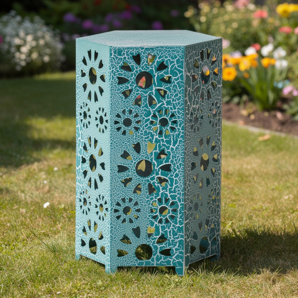 Benjara Liana Outdoor Side Table, Hexagonal 14 Inch, Sunburst Cut Out, Teal
