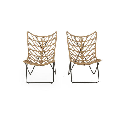 Benjara Fordy Outdoor Chair Set of 2, Curved Seat, Brown Rattan, Black Metal