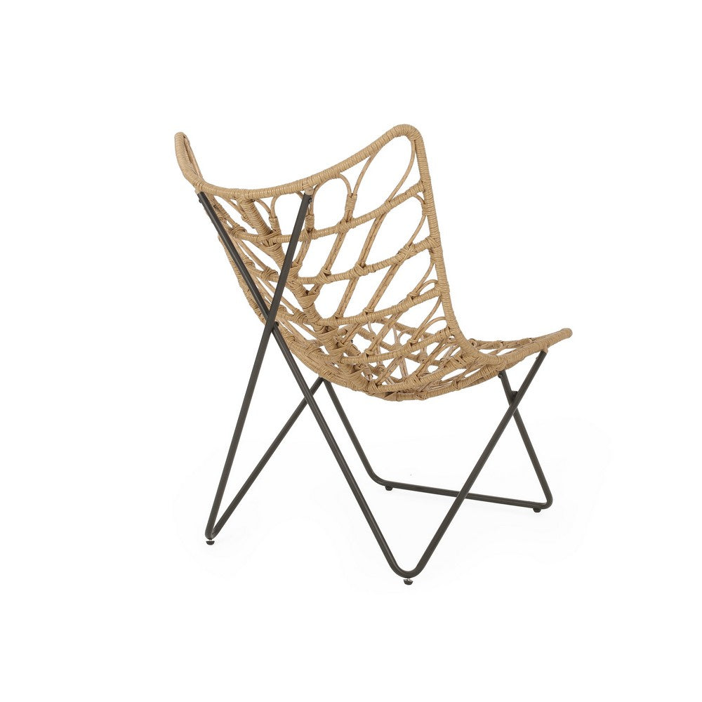 Benjara Fordy Outdoor Chair Set of 2, Curved Seat, Brown Rattan, Black Metal